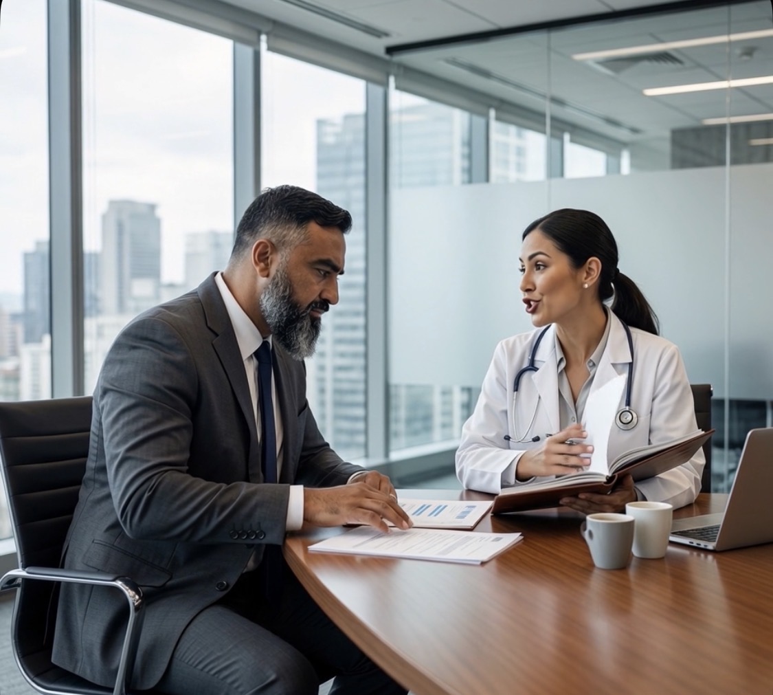 Joseph Makkar in a conference room discussing staffing with a professional